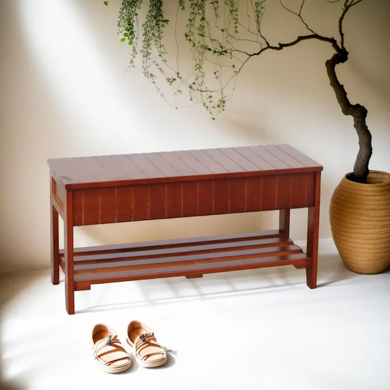 Solid Wood Shoe Bench with Storage for Entryway