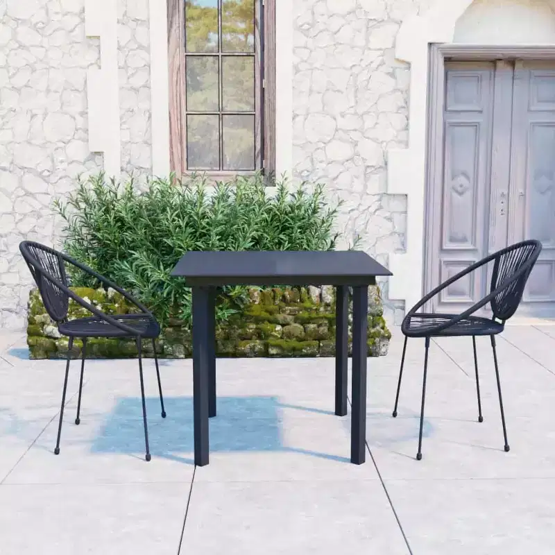 vidaXL Dining Set Black PVC rattan, powder-coated steel, glass 3-piece