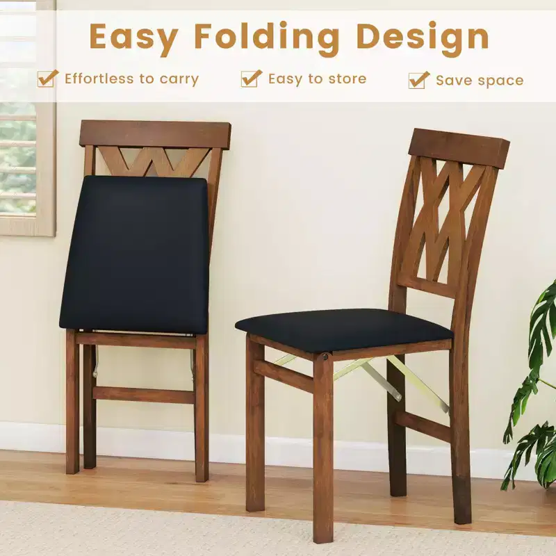 Costway Folding Kitchen Chairs Set of 2/4 with Rubber Wood Frame Padded Seat with PVC Leather White/Brown