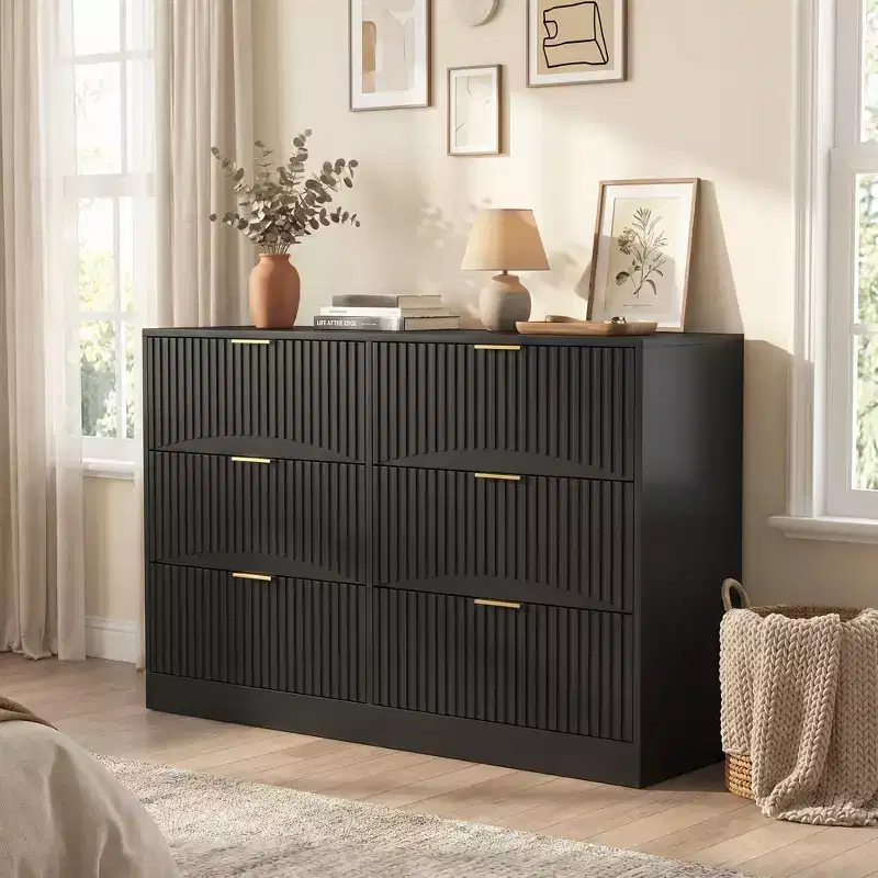 6 Drawer Dresser Chest of Drawers Modern Storage Cabinet with Wavy Pattern Panel Particle Board Sturdy Construction Large Storage
