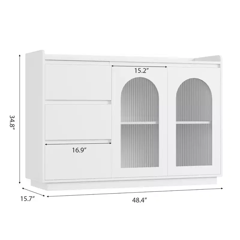 Sideboard Buffet Cabinet with Glass Door, Modern Storage Cabinet with Led Lights and Adjustable Shelves for Living Room, Dining Room, White