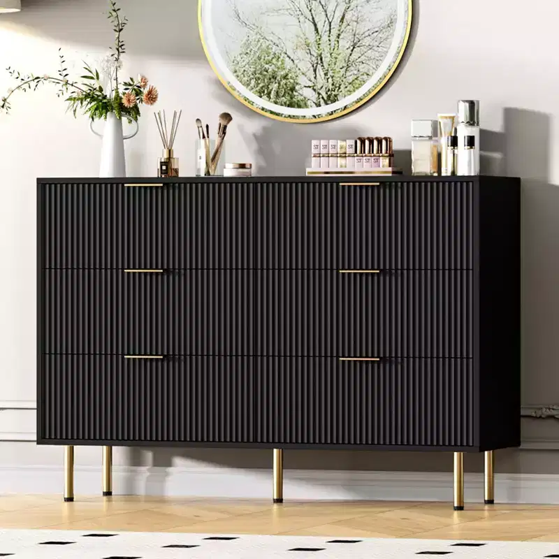 Modern 6-Drawer Fluted Dresser,47 Wide Wooden Chest with Metal Handles, Double Drawer Design for Versatile Storage in Living Room, Hallway, Bedroom
