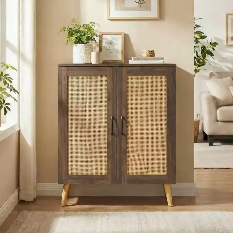 Costway Rattan Shoe Cabinet with 3 Removable Shelves,5-Tier Narrow Cabinet Wood Legs, Walnut/Natural
