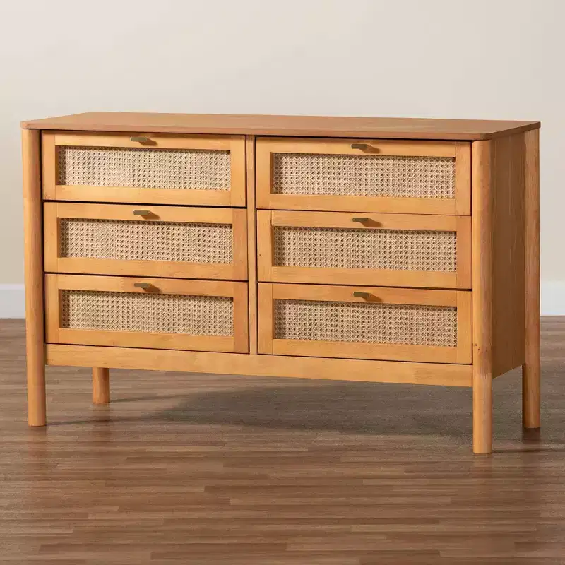 Baxton Studio Jenn Wood 6 Drawer Dresser with Distressed Finished Rattan Golden Brown/Distressed Rattan