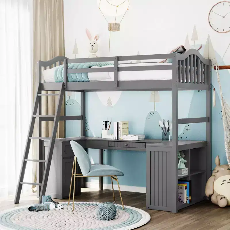 Twin Size Loft Bed with Cabinet, Solid Wood Twin Loft Bed Frame with Desk and Shelves