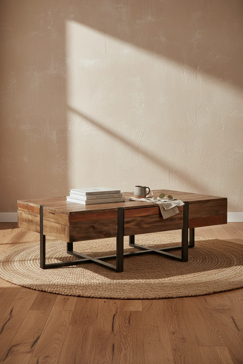 54 Rustic Coffee Table with Storage - Brown Wood with Iron Base