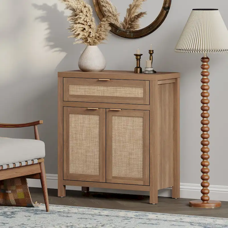 Farmhouse Rattan Sideboard Storage Cabinet with Drawer
