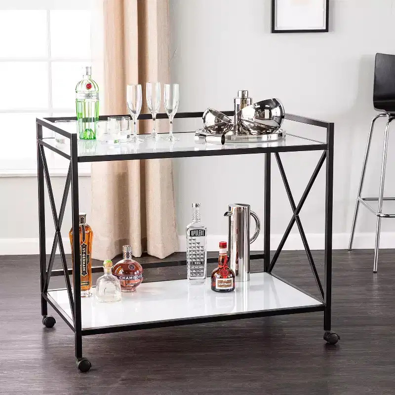 Black & White 2-Tier Bar Serving Cart with Wheels