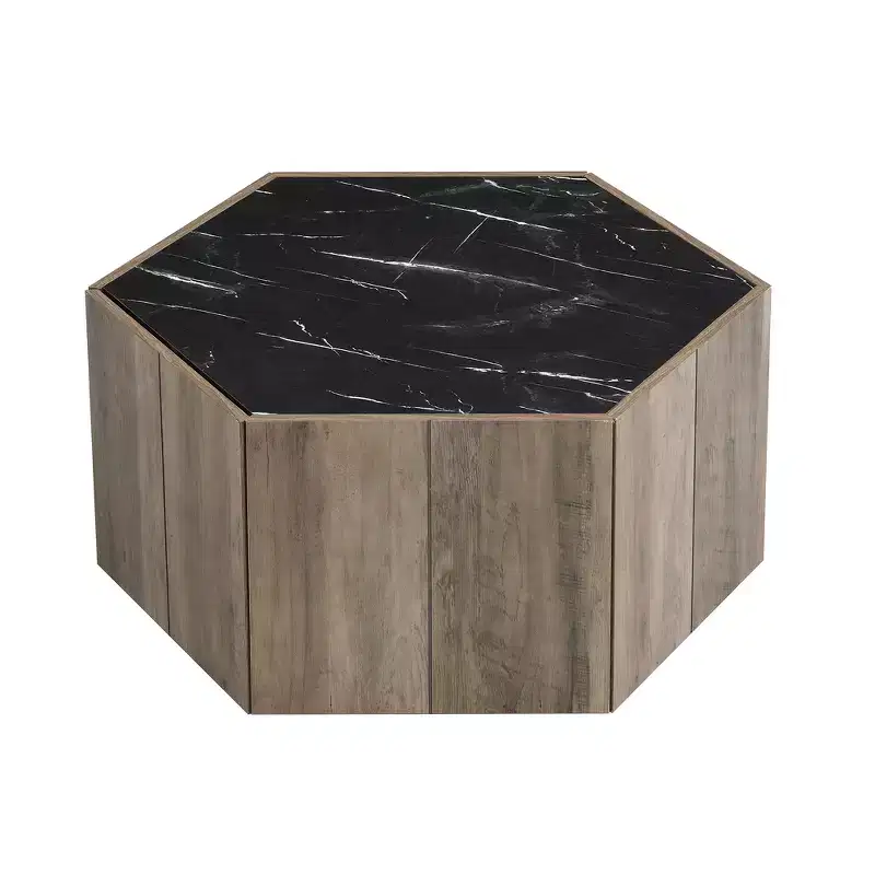 Black & Light Brown Hexagonal Coffee Table with 2 Drawers, Marble Top, for 1