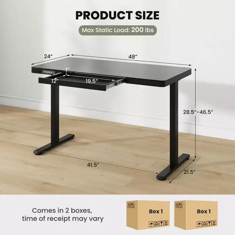 Costway 48 x 24 Whole-Piece Glass Standing Desk w/Drawers Writable Tempered Glass Top Black/White