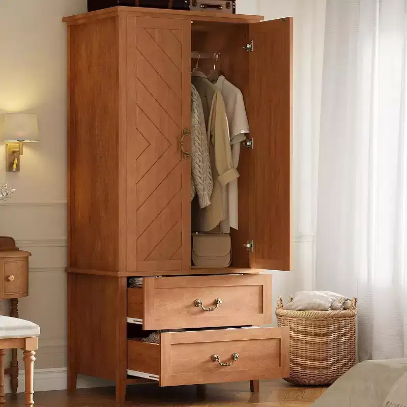 71.06 V Shape Armoire Farmhouse Wooden Tall Bedroom Armoire Closet Cabinet with 2 Doors & Drawers,Hanging Rod,Freestanding Large Storage Cabinet