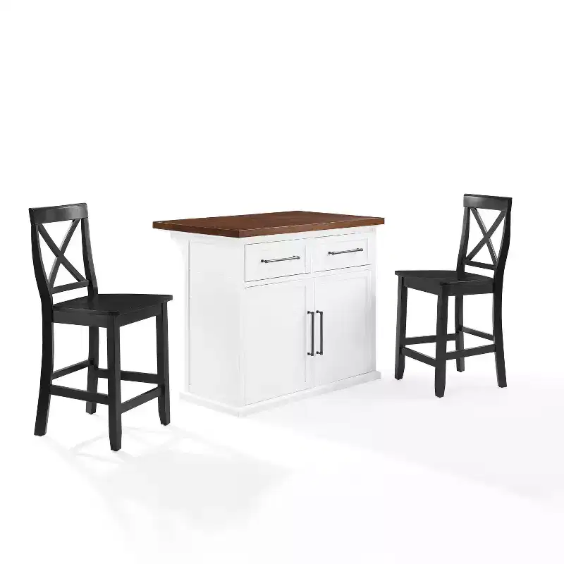 Crosley 42 Bartlett Wood Top Kitchen Island with X-Back Stools White/Black: Farmhouse Style, Adjustable Shelves