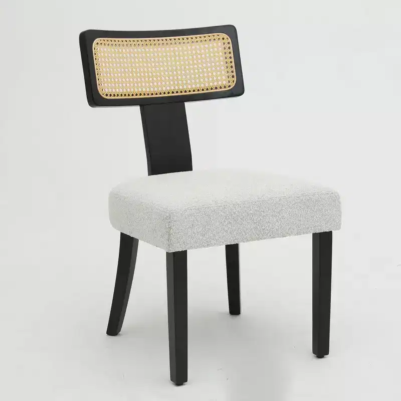 Homy Casa Set of 2 Upholstered Dining Chairs with Rattan Back and Black Wood Frame, Beige Fabric