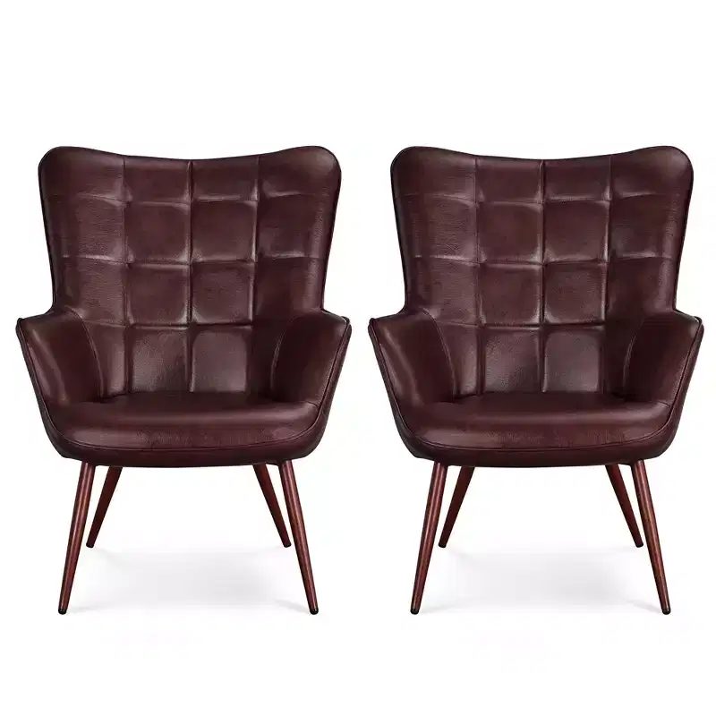 Yaheetech Set of 2 Mid-century Tufted High Back Faux Leather Accent Chair with Wood-tone Metal Leg for Living Room Bedroom Apartment