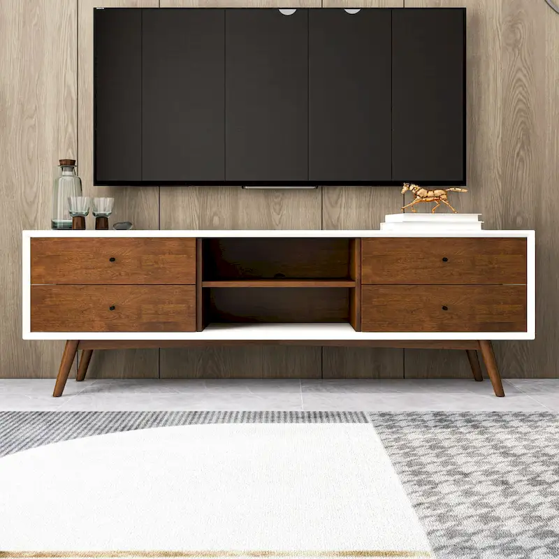 Mid-Century TV Stand with 6 Storage Cabinets, White & Walnut Finish, Solid Wood Frame, Modern