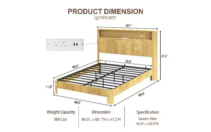 TUYOHW Platform Bed Frame with Wave-Curved Panel, Sturdy Metal & Wood Queen Size Bed with Storage Headboard, Built-in Charging Station,Noise-Canceling
