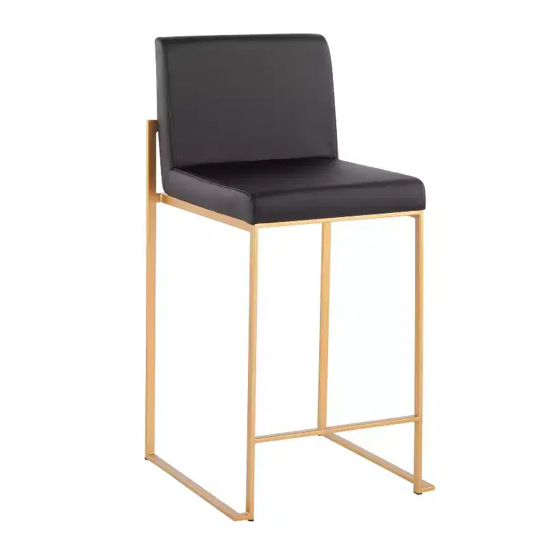 Set of 2 High-Back Counter Height Barstools – Faux Leather, Gold Steel Legs, 26
