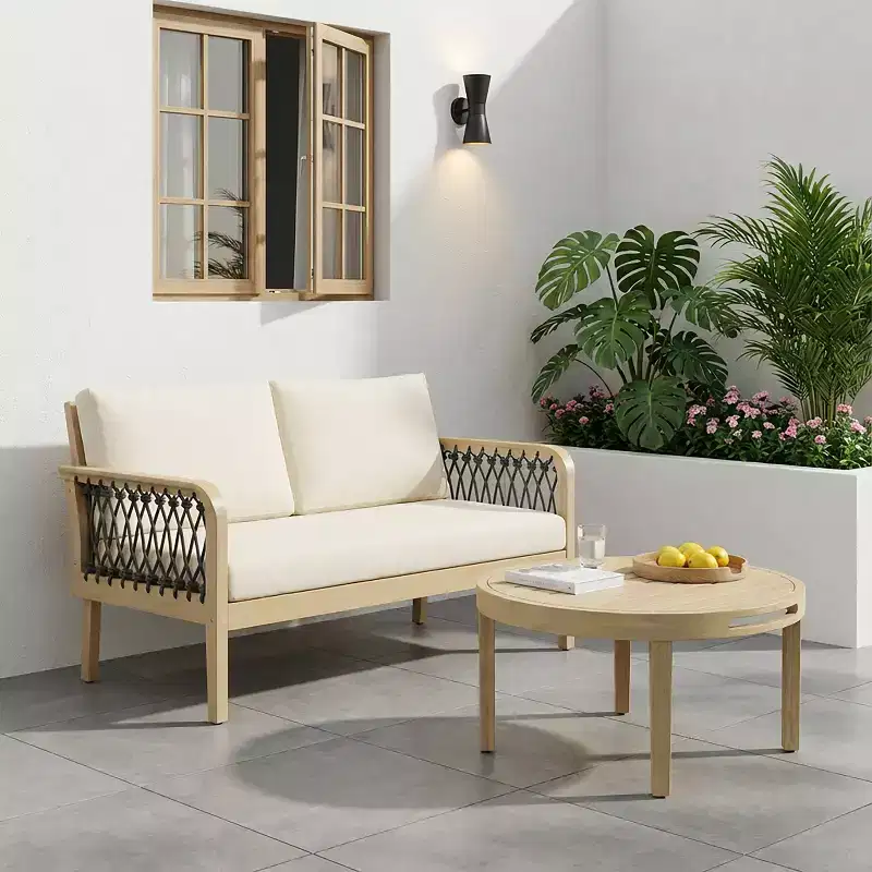 Christopher Knight Home Tzuyu Farmhouse Outdoor Acacia Wood Loveseat and Coffee Table Set with Handwoven Rope