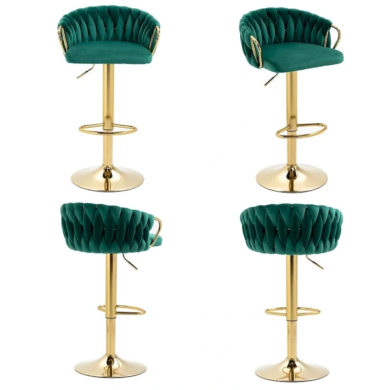 Set of 4 Bar Stool Adjustable Height Swivel Velvet Woven
