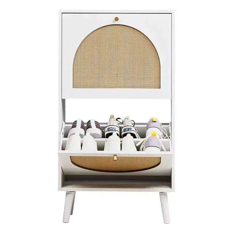 White 2-Door Flip Shoe Cabinet with Rattan Front, Holds 12 Pairs