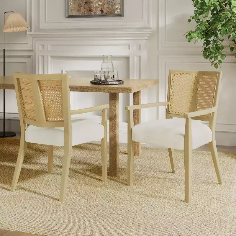 Beige/Dark Brown Upholstered Dining Arm Chairs with Rattan Back, Set of 2