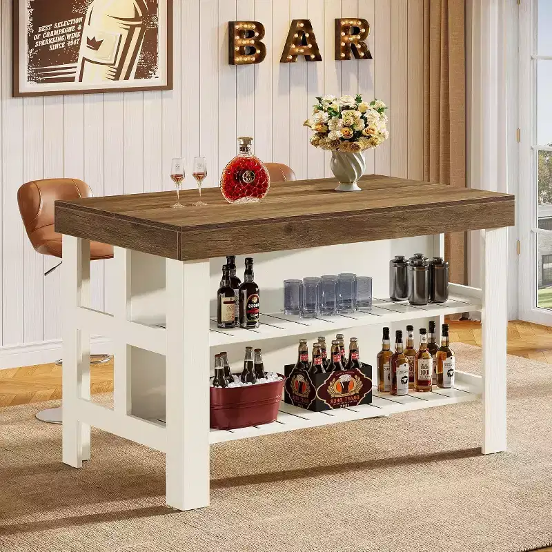 Lantine Home Bar Table Unit with Storage Shelves, 55.1-Inch Farmhouse Counter Height Bar Cabinet for Kitchen Dining Room,Brown