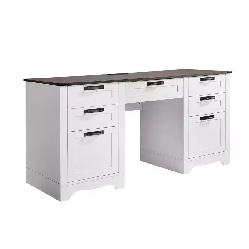 VEVOR Executive Desk, Farmhouse Office Table with Charging Station,Particle Board Executive Table with Storage Drawers, 200 LBS Load Capacity, Brown
