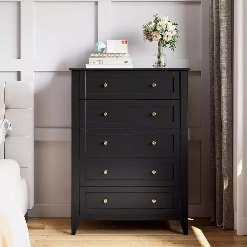 5-Drawer Tall Wooden Dresser with Metal Knobs – 15.7