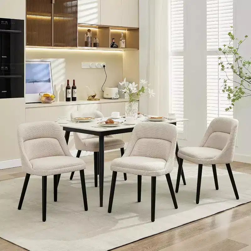 Upholstered Linen Dining Room Chairs, Wood Legs, Modern Kitchen & Cafe Seating, Beige