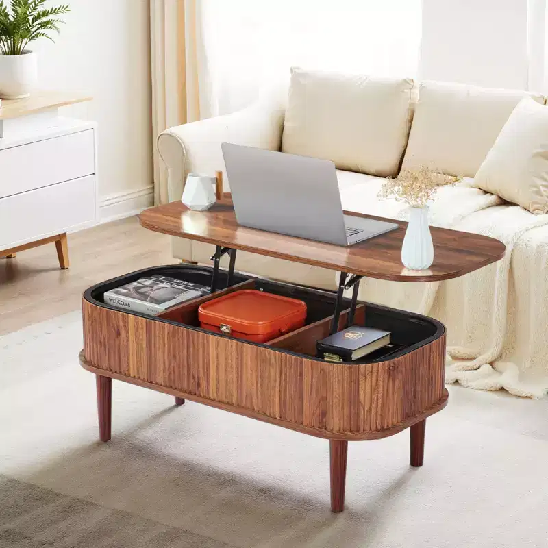 Brown Lift-Top Oval Coffee Table with Hidden Storage – 1 Person