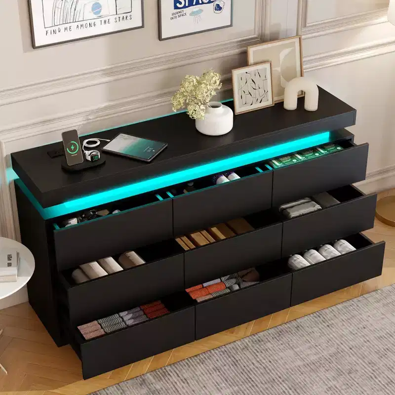 Dyonery 9-Drawer Dresser with Power Outlet and LED Light, 3-Tier Modern Storage Chest with Ample Capacity & Smooth Glides for Bedrooms