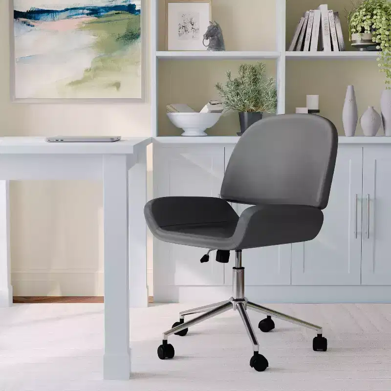 Gray Faux Leather Armless Office Chair with Adjustable Height, for 1 Person