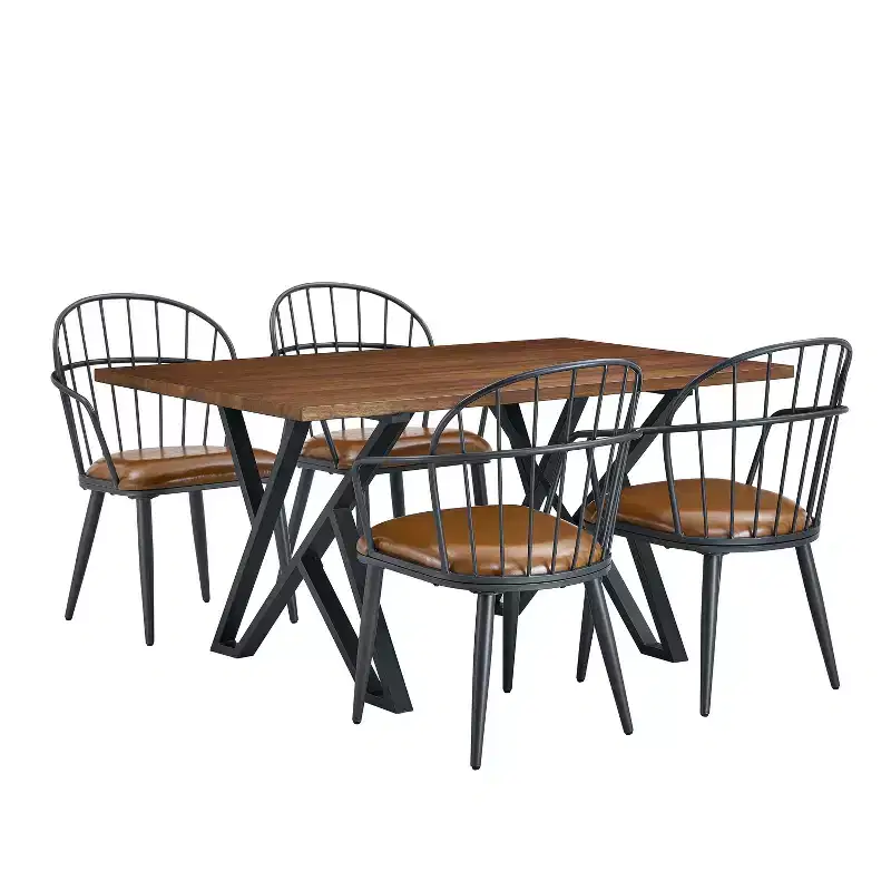 Christopher Knight Home Crest 5 Pieces Modern Faux Leather Dining Set with Metal Base, Brown/Walnut/ Black