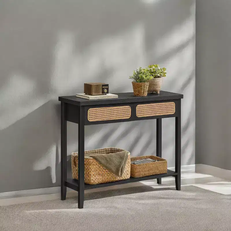 Rattan Console Table with 2 Drawers & Open Shelf, Narrow Entryway Table, 39.4