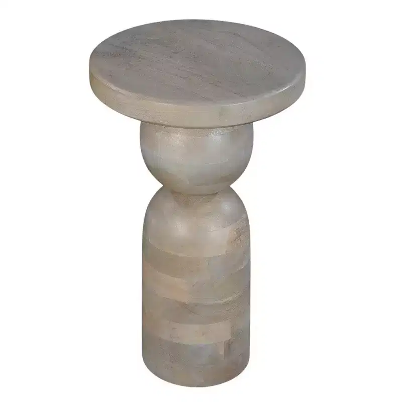 Royal Hampton 12 Inch Round Side End Table, Turned Pedestal Base, Beige Mango Wood in Natural Brown Finish