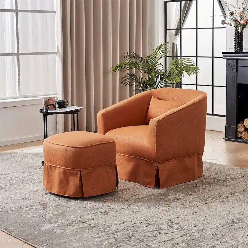 Swivel Barrel Chair with Ottoman and Black Metal Base