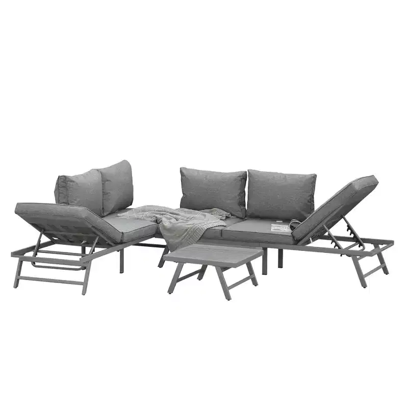 Outsunny 3-Piece Patio Couch Furniture Set with 2 Convertible Sofas, 1 Coffee Table, & Weather-Fighting Cushions, Gray