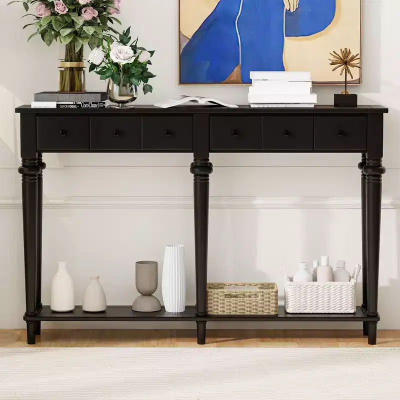 Vintage Narrow Console Table with Storage, Wood Entryway Table with 4 Drawers and Open Shelf for Entryways, Living Rooms and Hallways