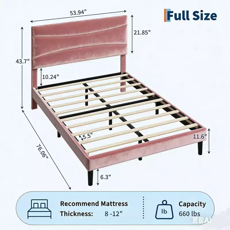 Upholstered Bed Frame with Headboard and Sturdy Wood Slats Support, No Box Spring Needed, Easy Assembly, Noise Free, Pink Velvet