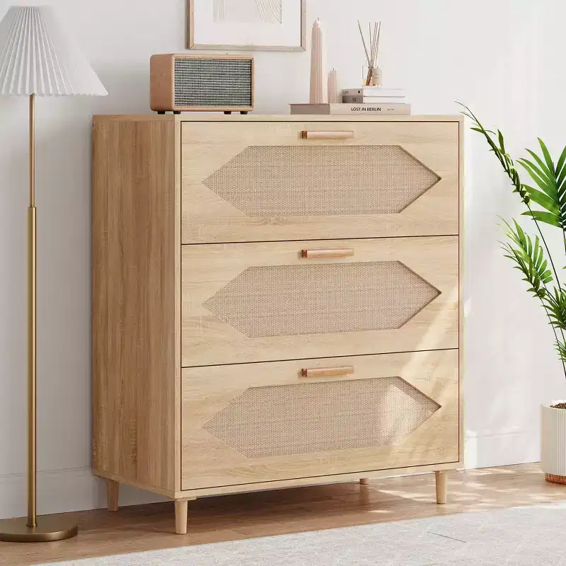 Garvee 3 Drawer Dresser for Bedroom, Rattan Front Chest of Drawers, Rustic Wood Nightstand Storage for Living Room Hallway