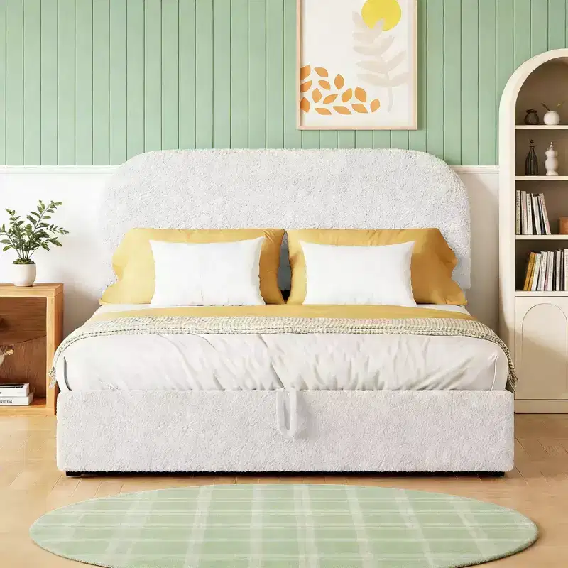 Modern Full Size Teddy Fleece Upholstered Platform Bed with Hydraulic Storage System