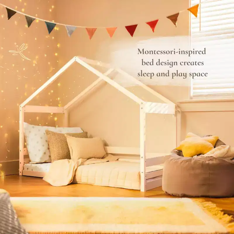 Trellis House Toddler Bed, Safe Low-Profile Kids Bed Frame with House-Shaped Headboard