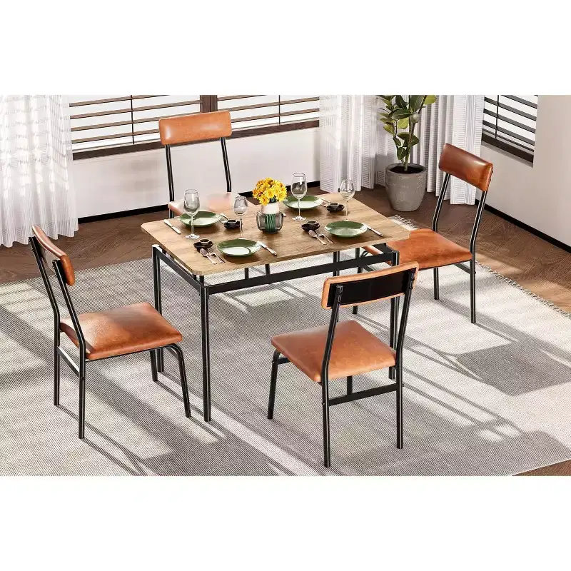 5 Piece Dining Table Set with Wooden Table & 4 PU Upholstered Chairs, Industrial Metal Frame, Compact Kitchen & Dining Room Set