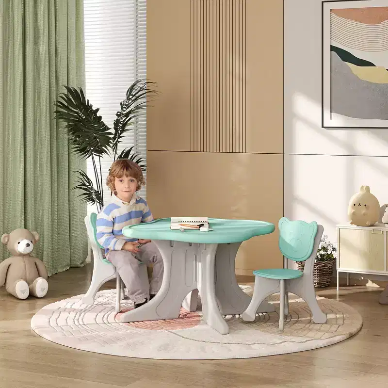 Whisen 3-Piece Kids Table & Chair Set, Toddler Table and Chair Set with Lightweight HDPE Children's Desk - Light Blue