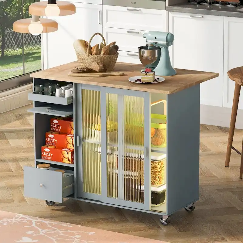 LED Light Kitchen Cart with Drop Leaf and Adjustable Shelf