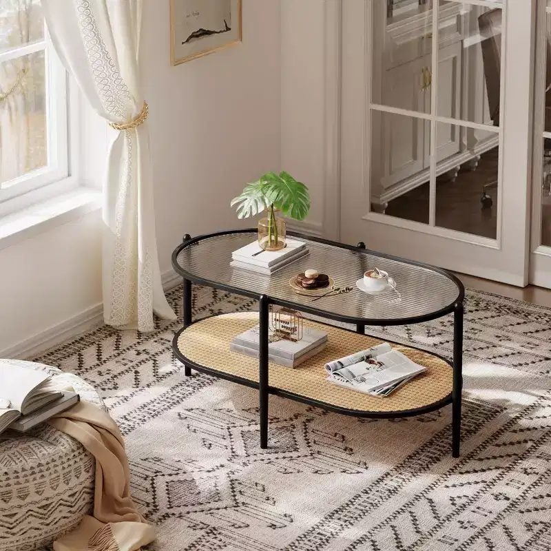 Farmhouse Rattan Coffe Table with Storage Shelf,Water-Wave GlassTabletop Cocktail Tea Table