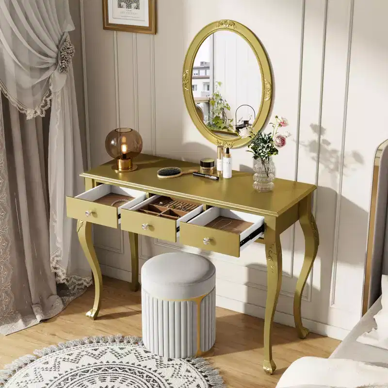 Luxury Dressing Table with 3-Drawer Console for Storage, Wall-Mounted Oval Mirror, Elegant Beauty Station for Bedroom, Dressing Room, Salon