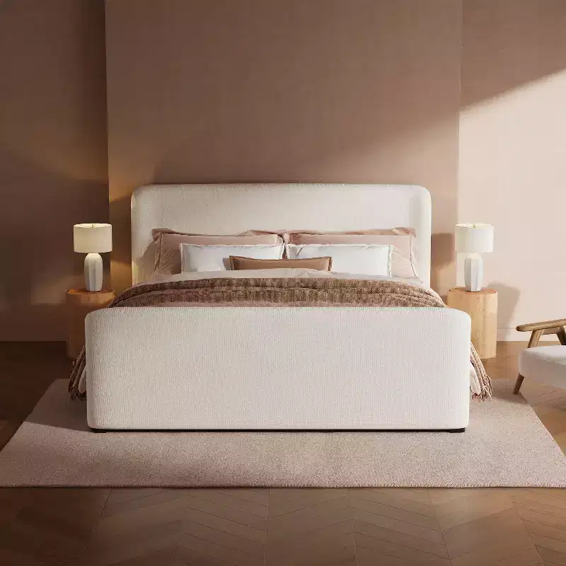 Boucle Upholstered Platform Bed with Padded Headboard and Footboard