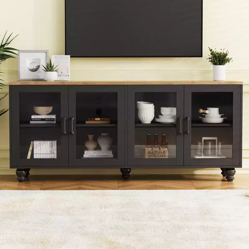 Farmhouse TV Stand with Tempered Glass Doors for TVs Up to 70