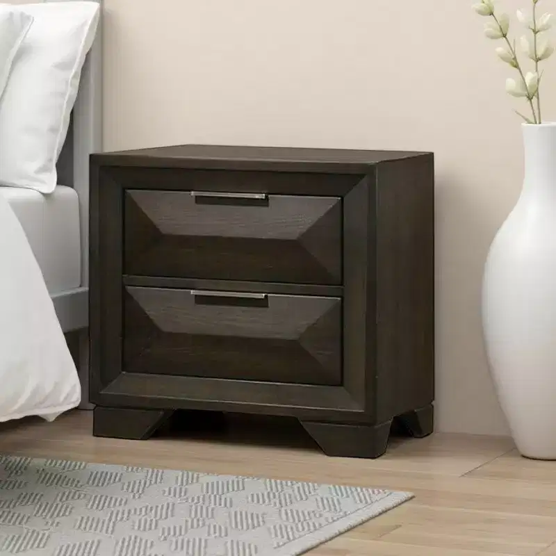 Royal Hampton Nightstand, 2 Bevel Drawers, Nickel Handles, Espresso Brown Wood